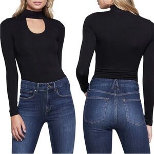 Good American Black Cutout Mock Neck Keyhole Long Sleeve Top, Size 0/XS